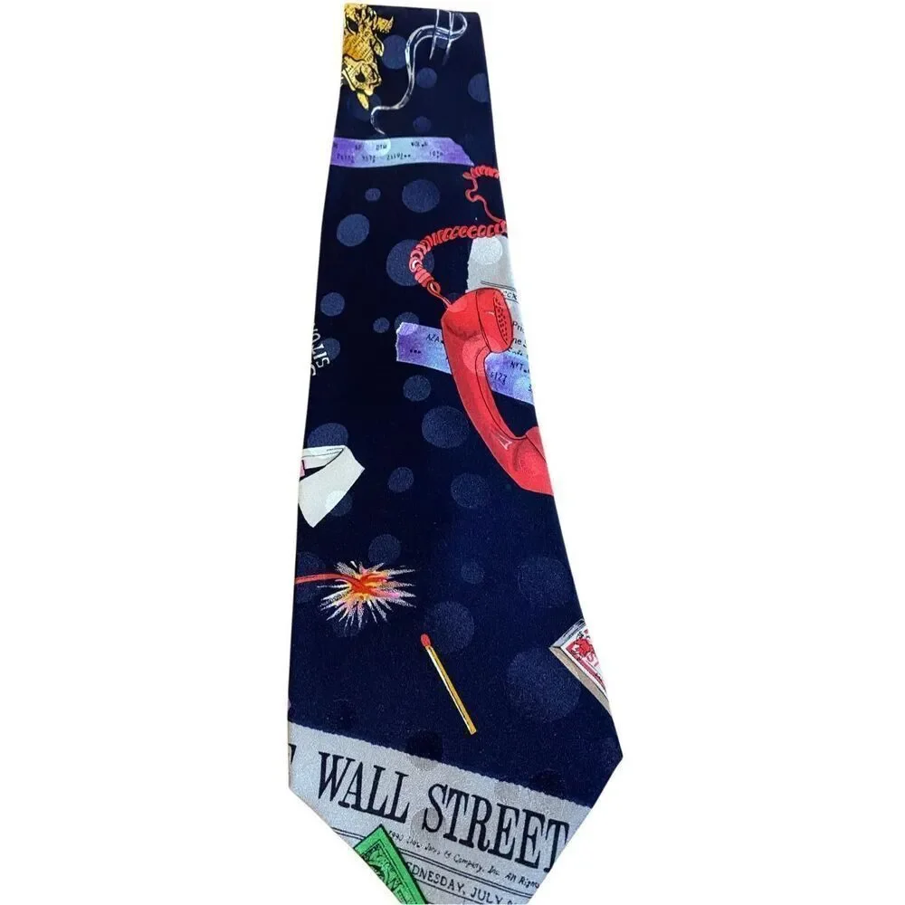 Nicole Miller vintage 1990 Wall Street Journal stock trader 100% silk blue tie,